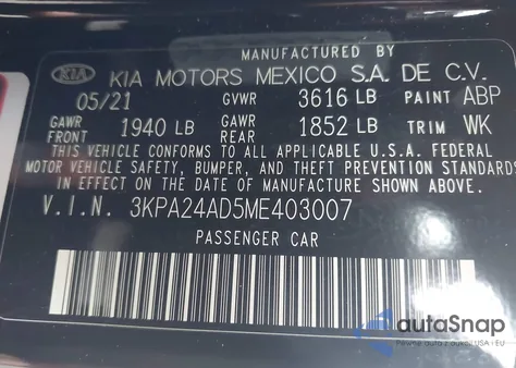 2021 Kia Rio Lx from USA, damaged, VIN 3KPA24AD5ME403007